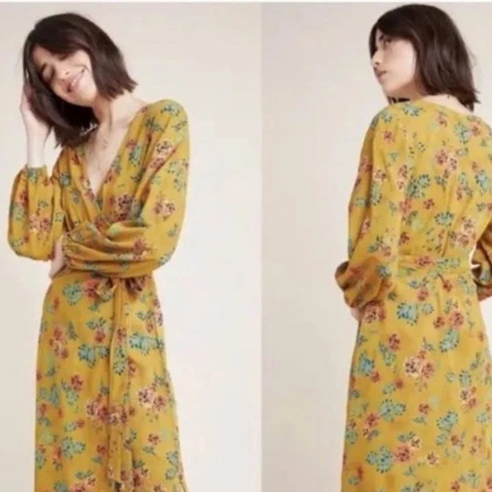 Faithfull the Brand x Anthropology Boho Floral Mustard Yellow Wrap Midi Dress 8
